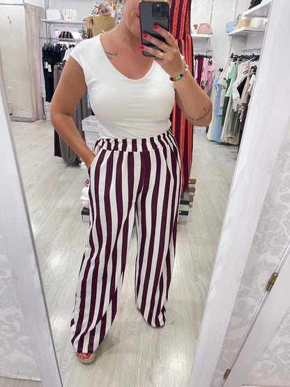 Pantalón rayas berenjena y blanco