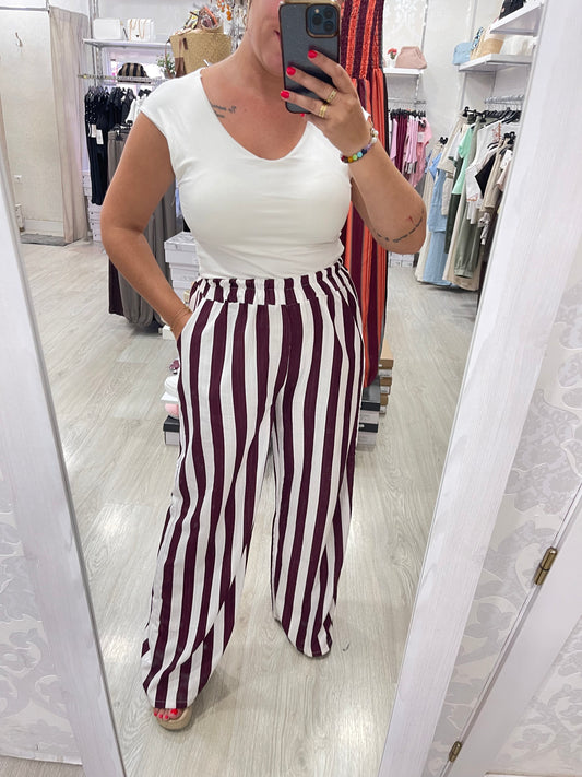Pantalón rayas berenjena y blanco