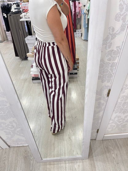 Pantalón rayas berenjena y blanco